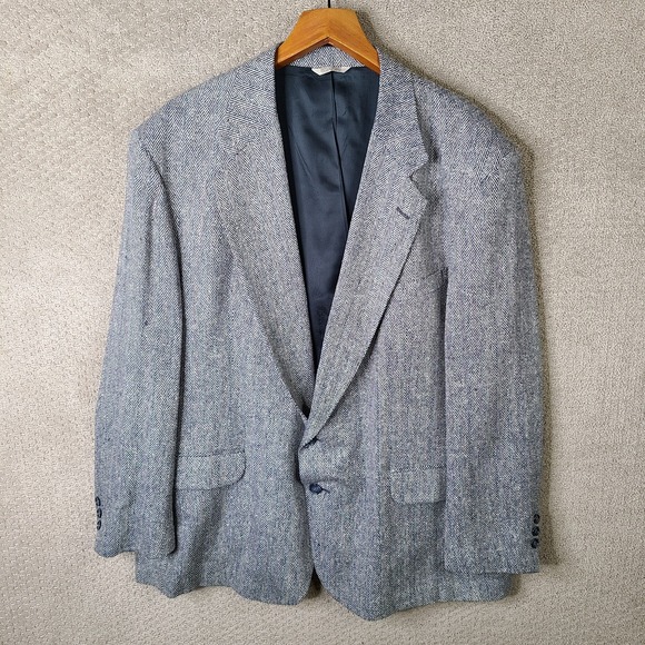 Vintage Dickinson & Lee Jacket Mens 48R Blue Herringbone Tweed Blazer 2 Btn USA - Picture 1 of 12